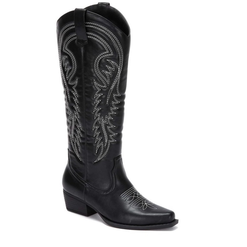 Andrea Black leather cowboy boots with white stitching